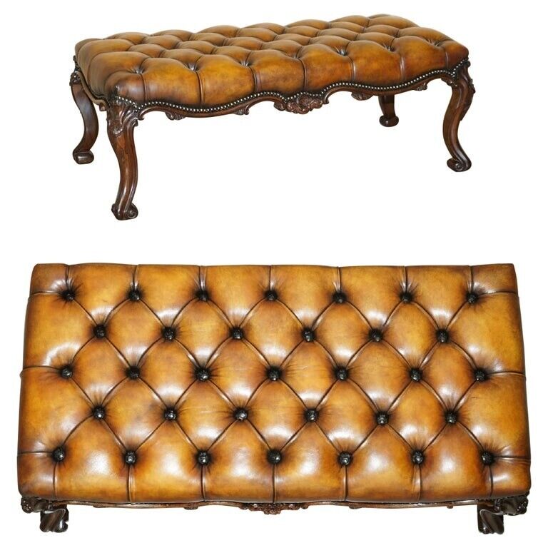 FINE ANTIQUE ViCTORIAN ROSEWOOD SHOW FRAME CHESTERFIELD BROWN LEATHER FOOTSTOOL
