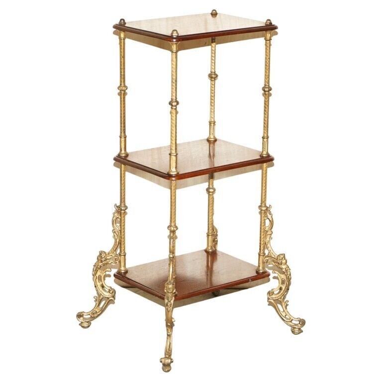 FINE FRENCH ANTIQUE MAHOGANY & BRASS ETAGERE THREE TIERED SIDE END LAMP TABLE