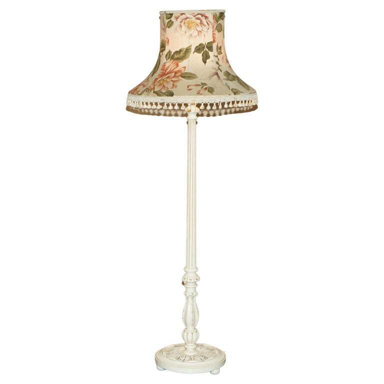 FLOOR STANDING CARVED SHABBY CHIC PAINTED LAMP WITH VINTAGE FLORAL SHADE