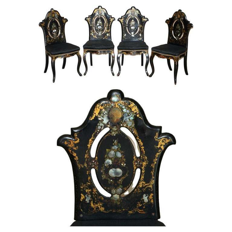 FOUR VERY RARE ANTIQUE REGENCY CIRCA 1815 EBONSIED MOTHER OF PEARL SIDE CHAIRS