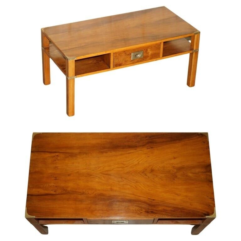 FULLY RESTORED FRENCH POLISHED BURR YEW WOOD MILITARY CAMPAIGN COFFEE TABLE