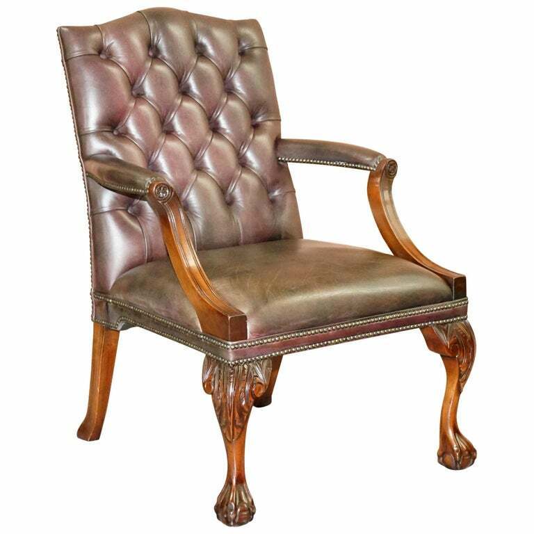 GEORGE II GAINSBOROUGH CARVER CHESTERFIELD LEATHER ARMCHAIR CLAW & BALL FEET