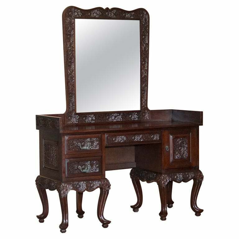 HEAVILY CARVED FLORAL DECORATED INDIAN ROSEWOOD DRESSING TABLE & MIRROR