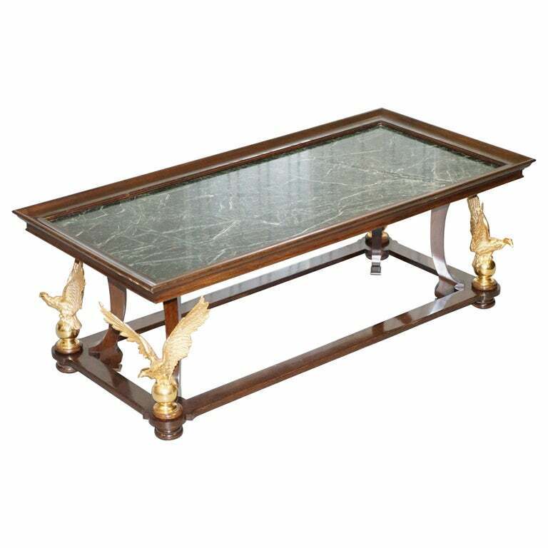 LARGE AND ORNATE GREEN MARBLE, MAHOGANY & GOLD GILT EAGLE COFFEE COCKTAIL TABLE
