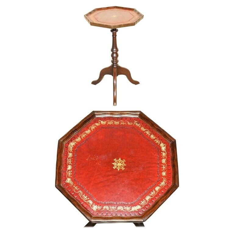 LOVELY GOLD LEAF EMBOSSED OXBLOOD LEATHER TRIPOD SIDE END LAMP WINE TABLE