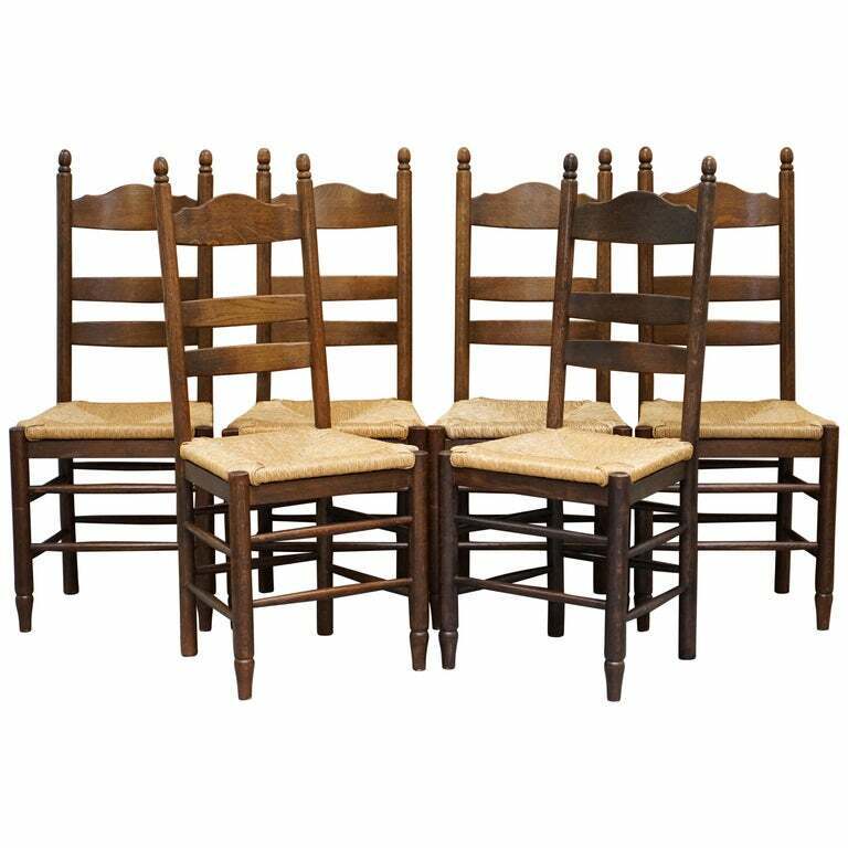LOVELY SUITE OF SIX CIRCA 1940 DUTCH LADDER BACK OAK RUSH SEAT DINING CHAIRS 6