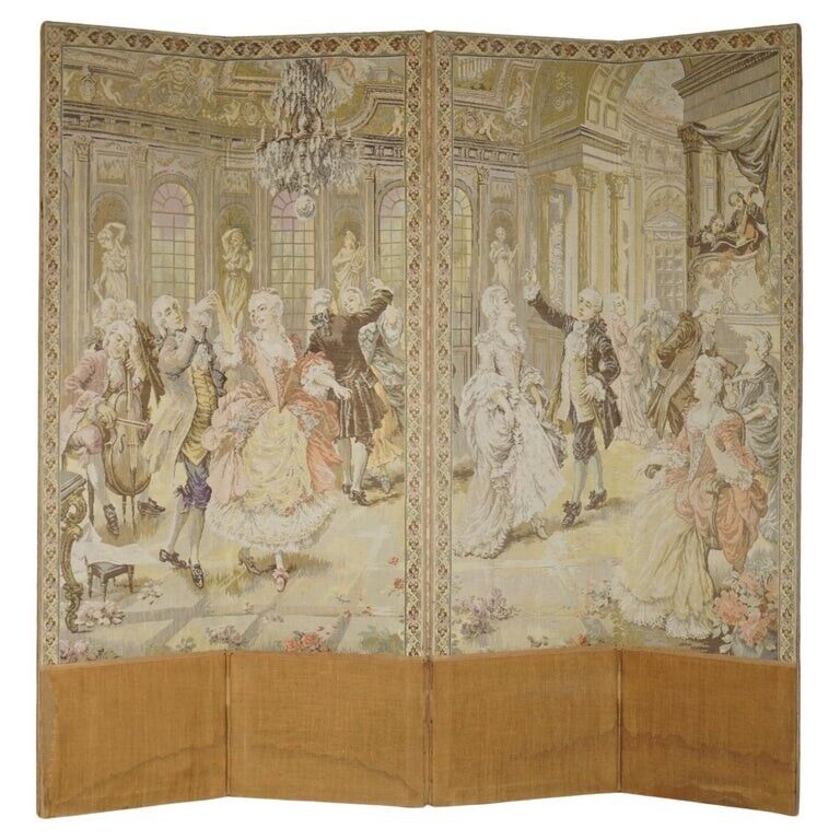 ORIGINAL ANTIQUE VICTORIAN TAPESTRY FOUR PANEL FOLDING SCREEN OF NOBLES DANCING
