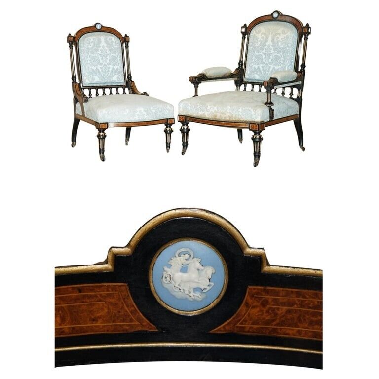 PAIR OF BURR WALNUT AESTHETIC MOVEMENT LIBRARY ARMCHAIRS WITH GRAND TOUR PLAQUES