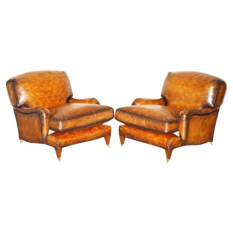 PAIR OF EXTRA LARGE HOWARD & SON'S GEORGE SMITH STYLE BROWN LEATHER ARMCHAIRS