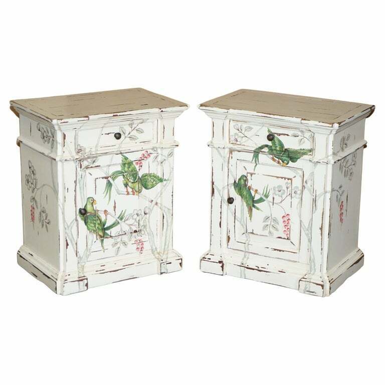 PAIR OF HAND PAINTED PARROTS / BIRDS OF PARRADISE SIDE END TABLE BEDSIDE DRAWERS
