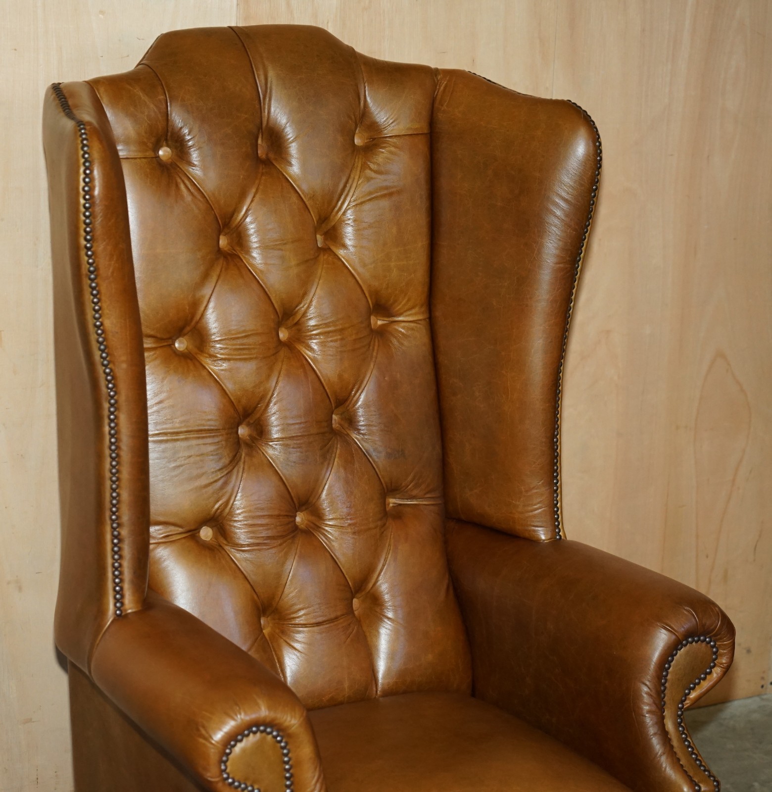 PAIR-OF-HUGE-132CM-TALL-HERITAGE-BROWN-LEATHER-CHESTERFIELD-WINGBACK-ARMCHAIRS-187687676009-4