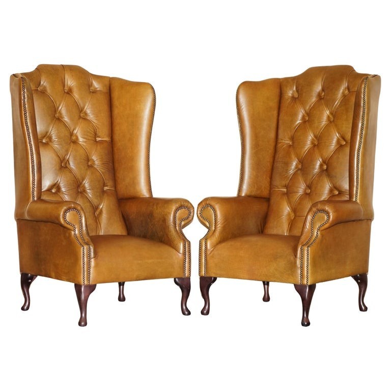 PAIR-OF-HUGE-132CM-TALL-HERITAGE-BROWN-LEATHER-CHESTERFIELD-WINGBACK-ARMCHAIRS-187687676009