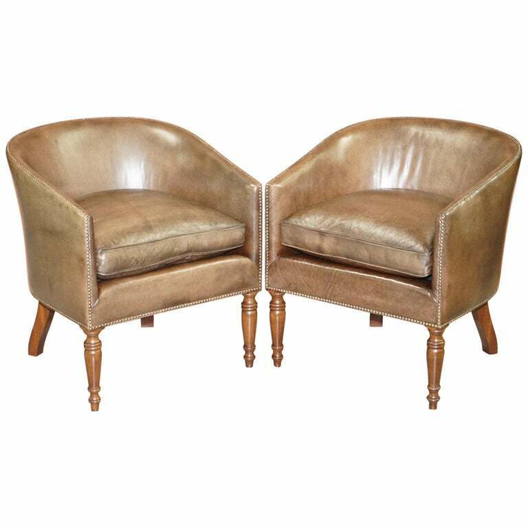 PAIR OF SUBLIME HAND DYED BARREL BACK TUB ARMCHAIRS IN BROWN LEATHER COMFORTABLE