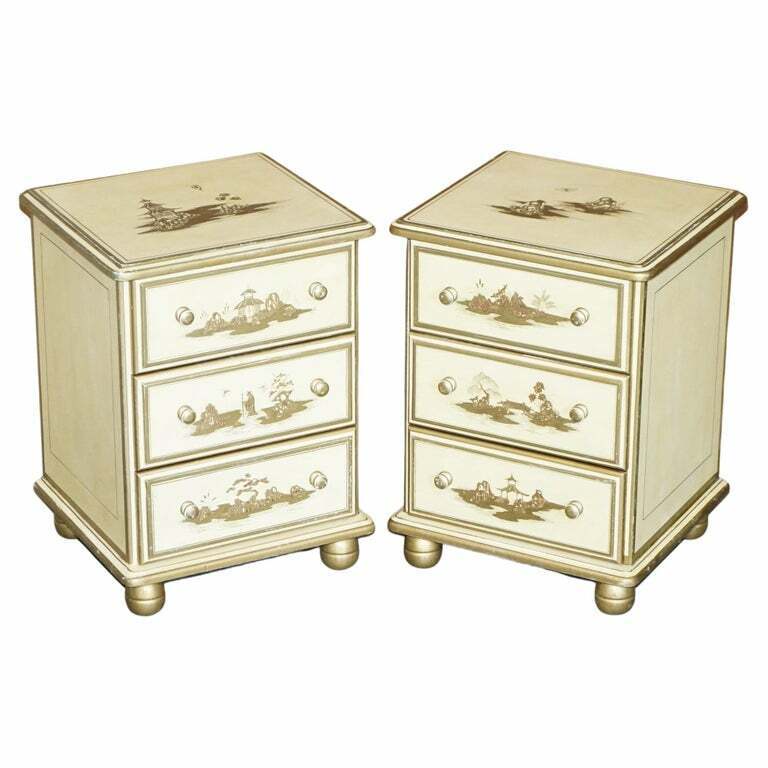 PAIR OF VINTAGE ORIENTAL CHINESE CREAM & GOLD LEAF PAINTED BEDSIDE TABLE DRAWERS