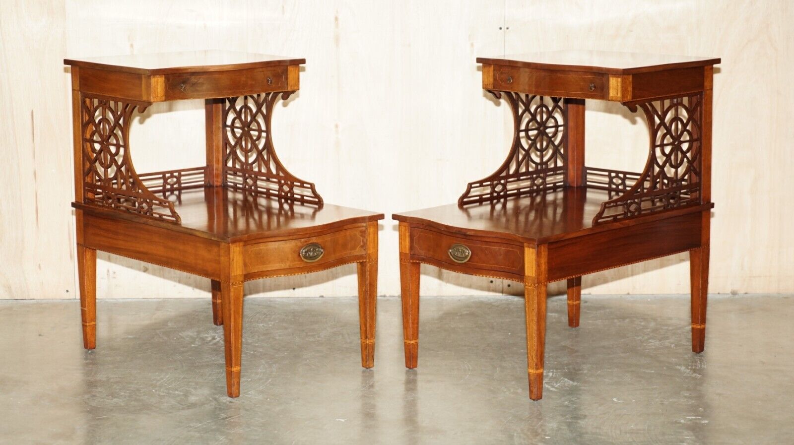 PAIR OF WALNUT FRET WORK CARVED THOMAS CHIPPENDALE SHERATON REVIVAL SIDE TABLES