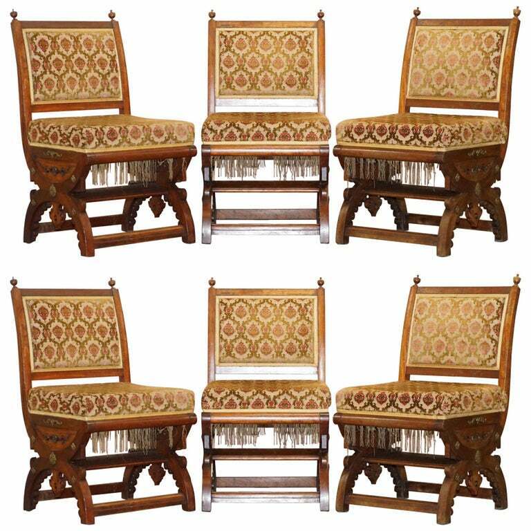 RARE SET OF SIX GOTHIC REVIVAL ORNATELY CARVED WALNUT GILT METAL FITTINGS CHAIRS