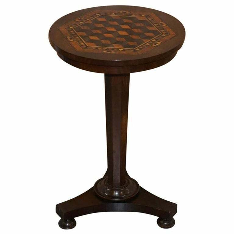RARE VICTORIAN MAHOGANY OCCASIONAL TABLE, GEOMETRIC PARQUETRY INLAID WOOD TOP