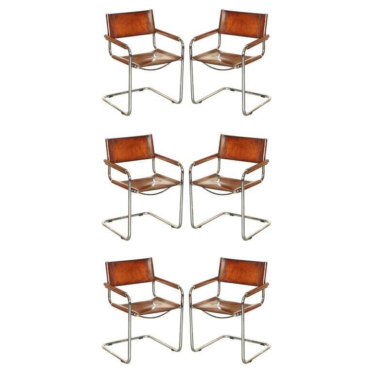 SIX RESTORED VINTAGE BROWN LEATHER MARCEL BREUER B34 FASEM DINING ARMCHAIRS 6