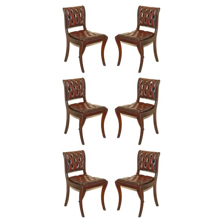SIX VINTAGE MAHOGANY FULLY RESTORED CHESTERFIELD OXBOOD LEATHER DINING CHAIRS 6