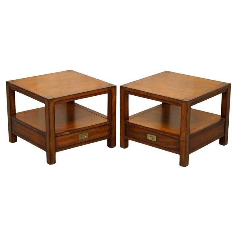 STUNNING PAIR OF TWO TIER MILITARY CAMPAIGN SIDE END TABLES LARGE SINGLE DRAWERS