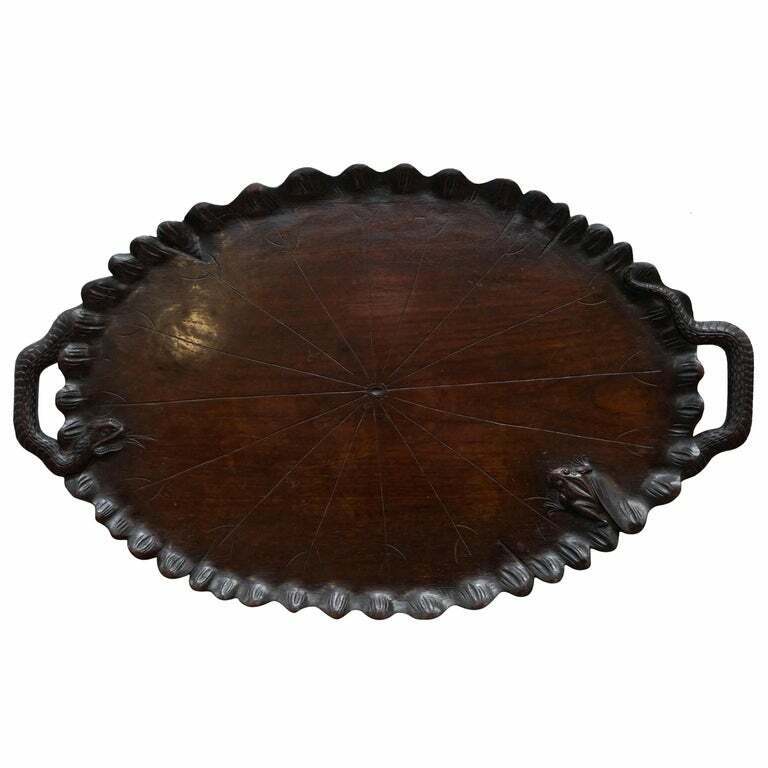 VERY RARE CIRCA 1850 CHINESE HAND CARVED SERVING TRAY WITH SNAKE HANDLES & FROG